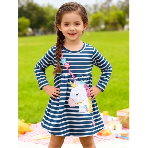 HILEELANG Toddler Girls Long Sleeved Dresses Christmas Winter Cotton Casual Cute Stripe Unicorn Cartoon Pattern Dress 5T