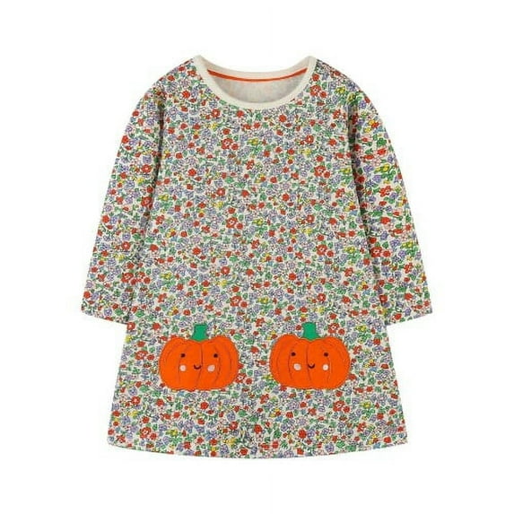 HILEELANG Toddler Girls Long Sleeved Dresses Halloween Winter Cotton Casual Cute Flower Pumpkin Cartoon Pattern Dress 5T