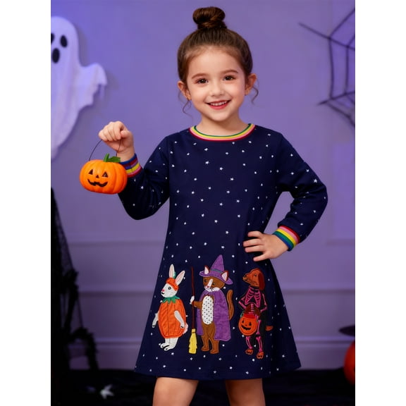 HILEELANG Toddler Girls Long Sleeved Dresses Halloween Winter Cotton Casual Cute Navy Rabbit Cartoon Pattern Dress 3T