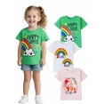 thumbnail image 1 of HILEELANG Toddler Girls' Short Ruffle Sleeve Tees Cotton Casual Crewneck Summer Top T-Shirts Green Cloud White Pink 3 Packs Sets 5T, 1 of 5