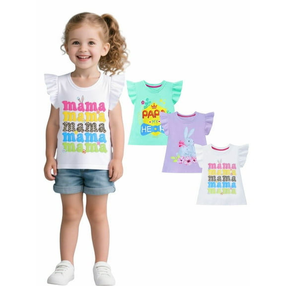 HILEELANG Toddler Girls' Short Ruffle Sleeve Tees Cotton Casual Crewneck Summer Top T-Shirts Green White Purple Bunny 3 Packs Sets 4T