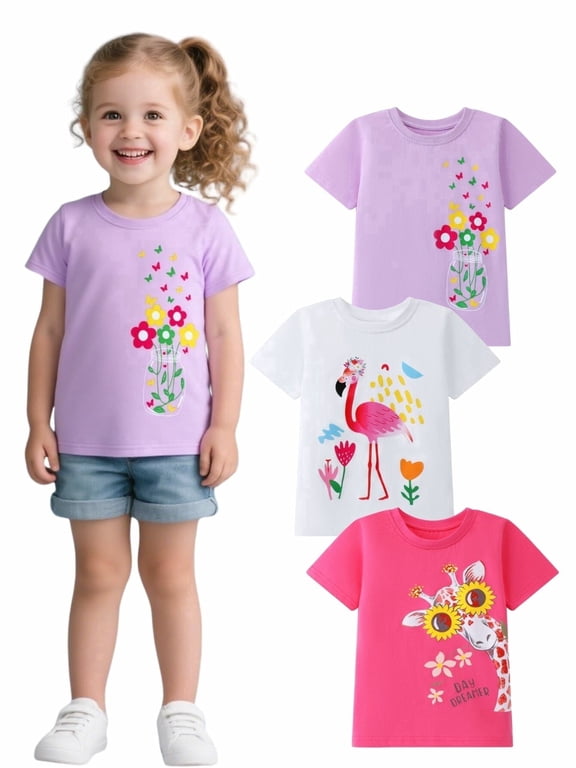 2-7T Toddler Little Girls 3-Pack T-Shirts Flamingo Giraffe Flower Graphic 100% Cotton Short Sleeve Summer Tees White Pink Purple 2T 3T 4T 5T 6T 7T