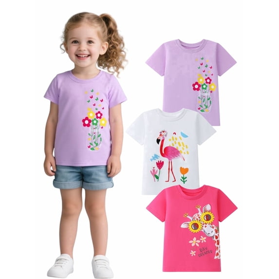 HILEELANG 2-7T Toddler Little Girls 3-Pack T-Shirts Flamingo Giraffe Flower Graphic 100% Cotton Short Sleeve Summer Tees White Pink Purple 2T 3T 4T 5T 6T 7T