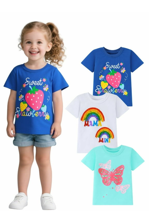 Toddler Girls' Short Ruffle Sleeve Tees Cotton Casual Girls Crewneck Summer Top T-Shirts Pink Navy Strawberry White 3 Packs Sets 4T