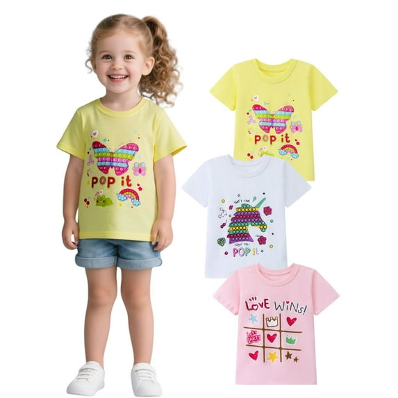HILEELANG Toddler Girls' Short Ruffle Sleeve Tees Cotton Casual Girls Crewneck Summer Top T-Shirts Pink Yellow Butterfly White 3 Packs Sets 2T