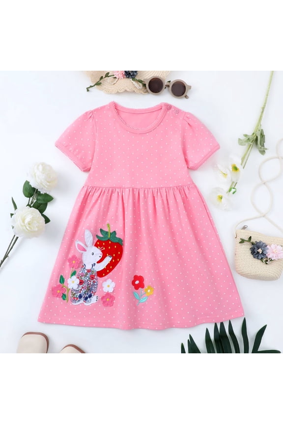 Toddler Girls Short Sleeve Dress Cotton Casual Pink Dot Bunny Applique Jersey Shirt Playwear Dresses 5T