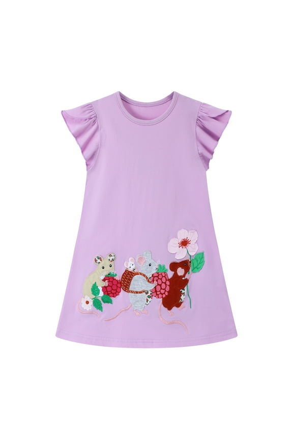 Toddler Girls Short Sleeve Dress Cotton Casual Purple Mouse Applique Jersey Shirt Playwear Dresses 3T