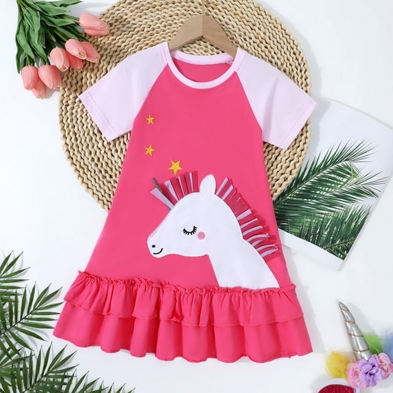 HILEELANG Toddler Girls Short Sleeve Dress Cotton Casual Rose Unicorn Applique Jersey Shirt Playwear Dresses 5T