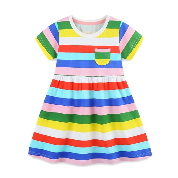 HILEELANG Toddler Girls Short Sleeve Dress Spring Summer Cotton Casual Rainbow Stripe Printed Jersey Shirt Dresses 2T