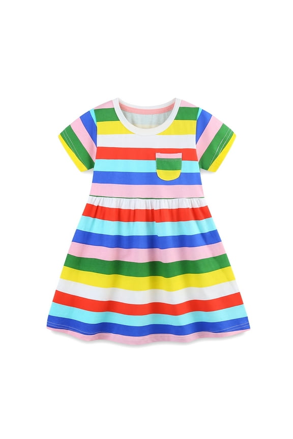 Toddler Girls Short Sleeve Dress Spring Summer Cotton Casual Rainbow Stripe Printed Jersey Shirt Dresses 4T