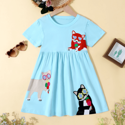 HILEELANG Toddler Girls Short Sleeve Dress Cotton Casual Blue Cat Applique Jersey Shirt Playwear Dresses 4T
