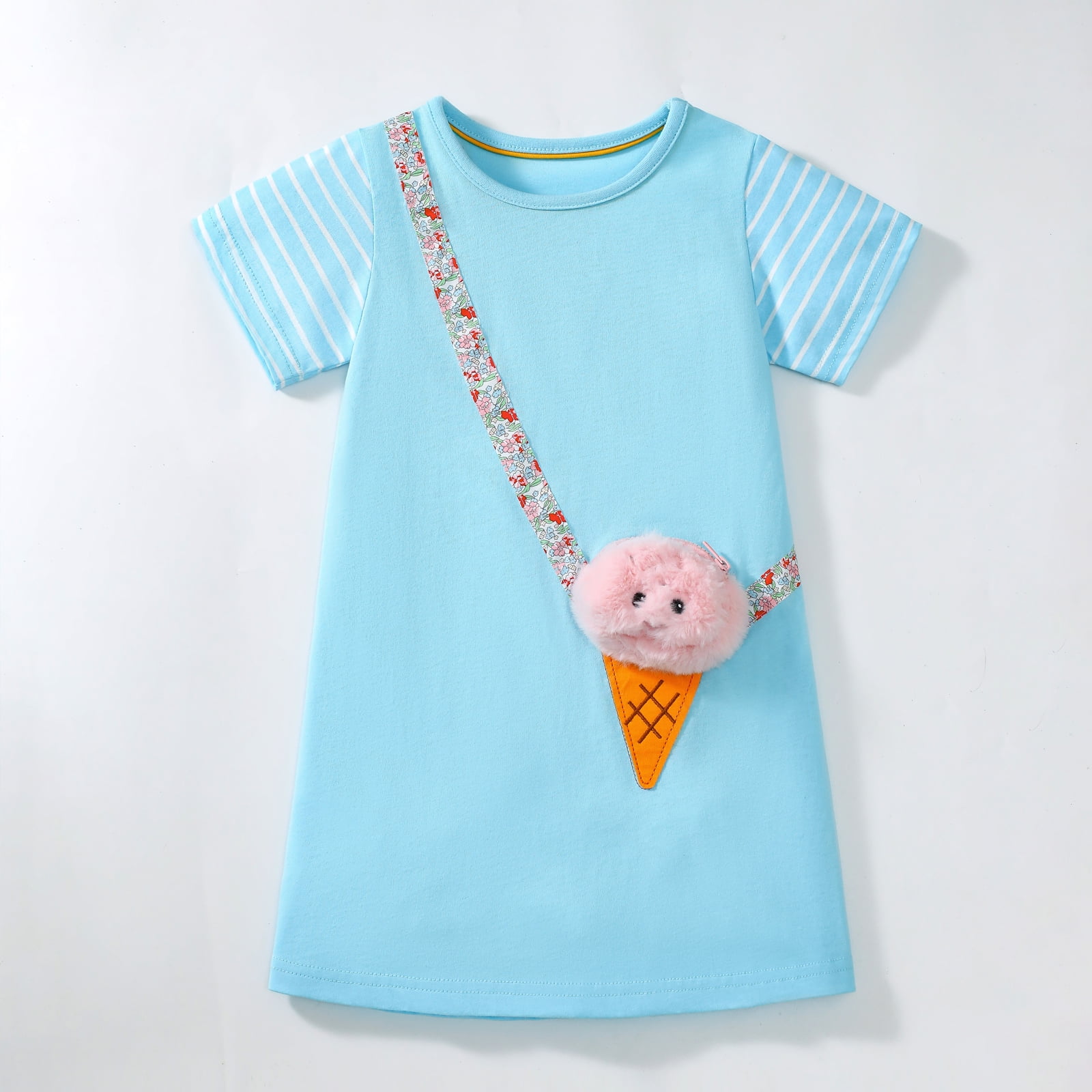Toddler Girls Summer Short Sleeve Dress Cotton Casual Blue Icecream Applique Jersey Shirt Playwear Dresses 3T