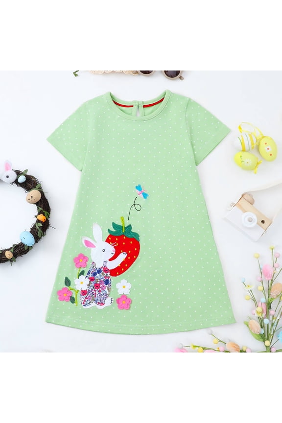 Toddler Girls Short Sleeve Dress Cotton Casual Green Dot Bunny Applique Jersey Shirt Playwear Dresses 4T