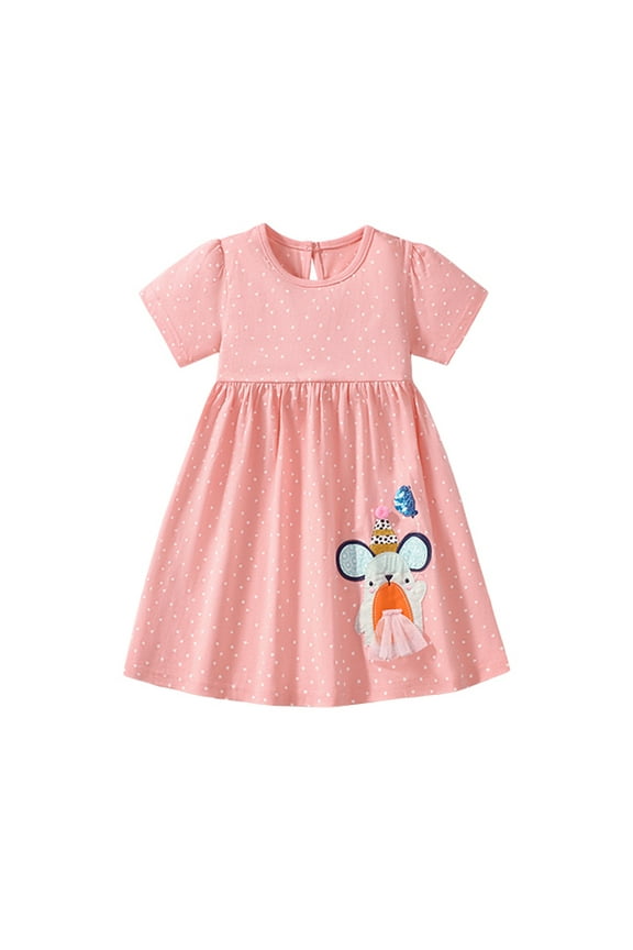 Toddler Girls Summer Dress Cotton Casual Pink Dot Mouse Applique Jersey Shirt Playwear Dresses 4T