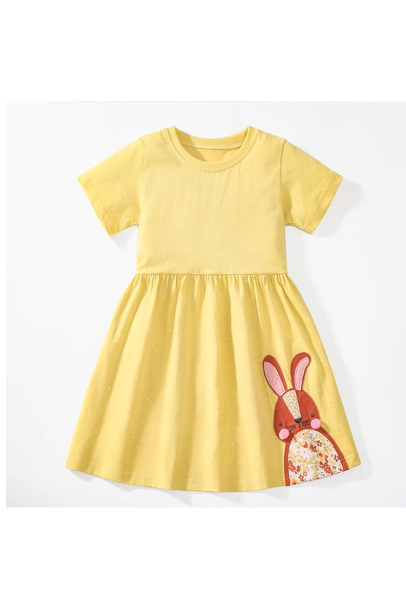 Toddler Girls Short Sleeve Dress Cotton Casual Yellow Bunny Applique Jersey Shirt Playwear Dresses 3T
