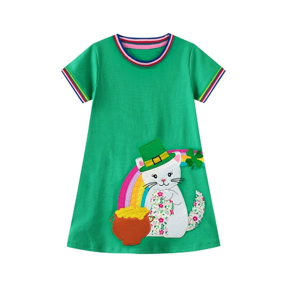 HILEELANG Toddler Girls Short Sleeve Green Dresses Easter Summer Cotton Casual Cartoon Animal Cat Pattern Swing Twirly Sundress 3T