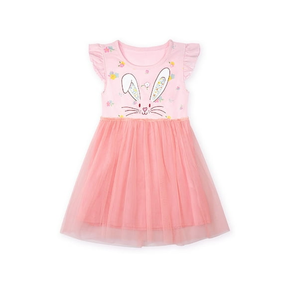 HILEELANG Toddler Girls Short Sleeve Pink Dresses Easter Summer Cotton Casual Cartoon Animal Bunny Pattern Swing Twirly Sundress 2T