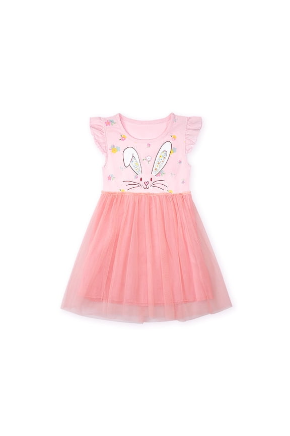 Toddler Girls Short Sleeve Pink Dresses Easter Summer Cotton Casual Cartoon Animal Bunny Pattern Swing Twirly Sundress 3T