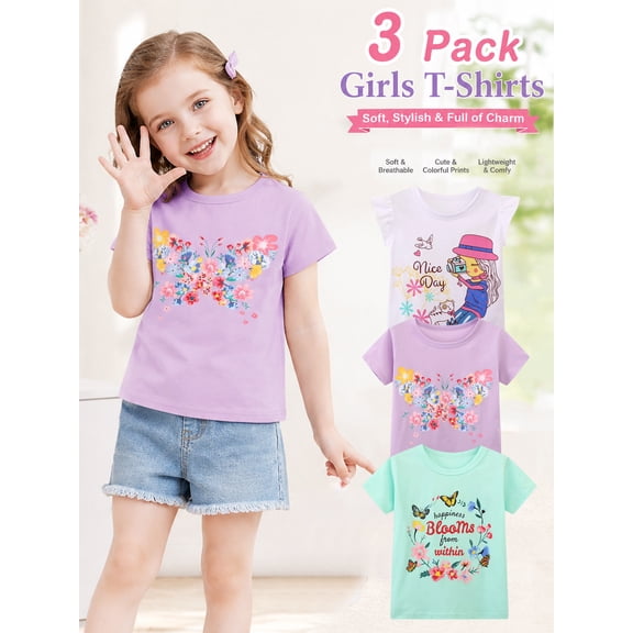 HILEELANG Toddler Girls' Short Sleeve Tee Cotton Casual Crewneck Easter Butterfly Flowers Graphic Tops T-Shirts Purple Green 3 Packs Sets 4Years