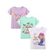 HILEELANG Little Girl Short Sleeve Tee Shirt Cotton Casual Crewneck Unicorn Puppy Graphic Tops T-Shirts Pink Yellow Blue 3 Packs Sets 7 Years