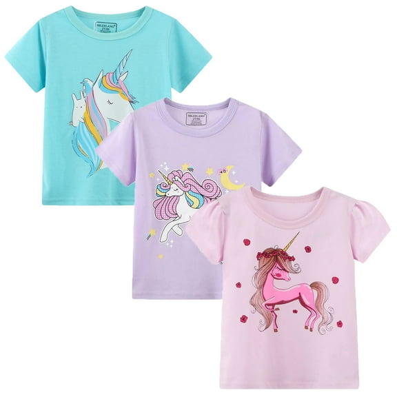 HILEELANG Toddler Girls' Short Sleeve Tee Shirt Cotton Crewneck Easter Unicorn Graphic Tops T-Shirts Purple Green 3 Packs Sets 2T