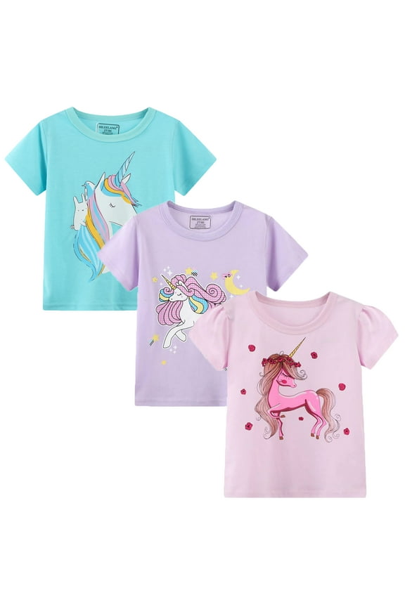 Toddler Girls' Short Sleeve Tee Shirt Cotton Crewneck Easter Unicorn Graphic Tops T-Shirts Purple Pink 3 Packs Sets 5T