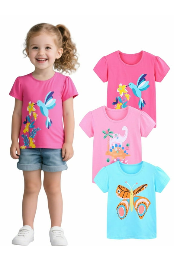 Toddler Girls' Short Sleeve Tees Cotton Casual Butterfly Dinosaur Crewneck Summer Top T-Shirts Pink Blue 3 Packs Sets 2T