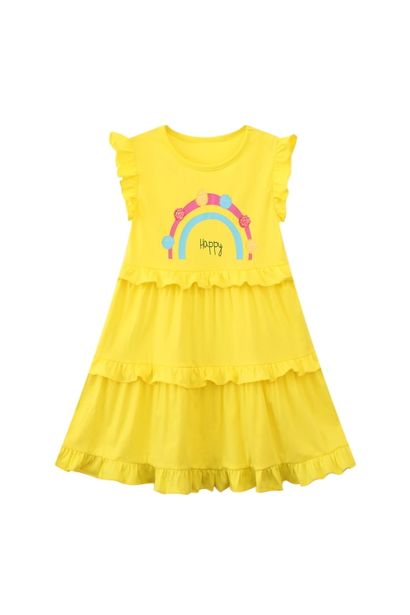 Toddler Girls Short Sleeveless Easter Cotton Casual Summer Yellow Rainbow Appliques Shirt Dresses 2Y