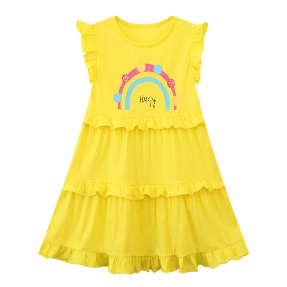 HILEELANG Toddler Girls Short Sleeveless Easter Cotton Casual Summer Yellow Rainbow Appliques Shirt Dresses 3Y