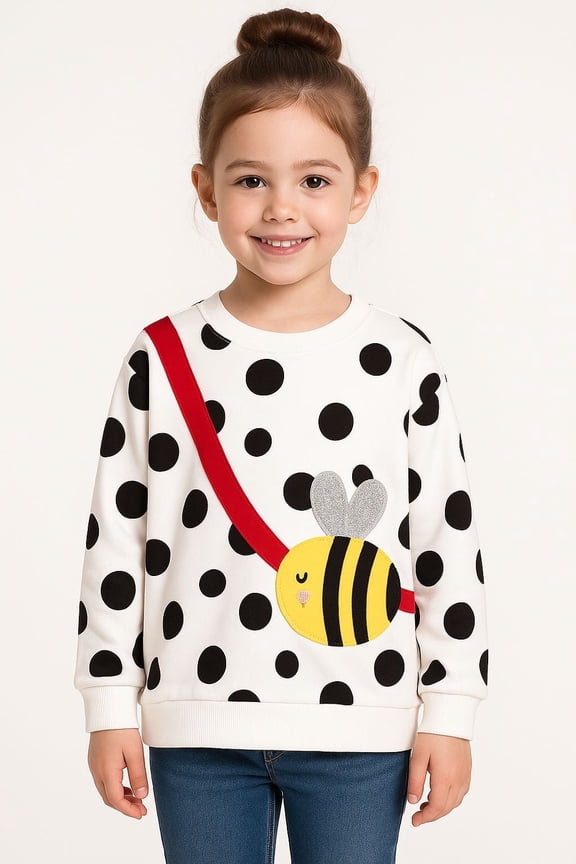 Toddler Girls(2-7Y) White Sweatshirt Cotton Casual Dot Bee Long Sleeve Pullover Top 5T