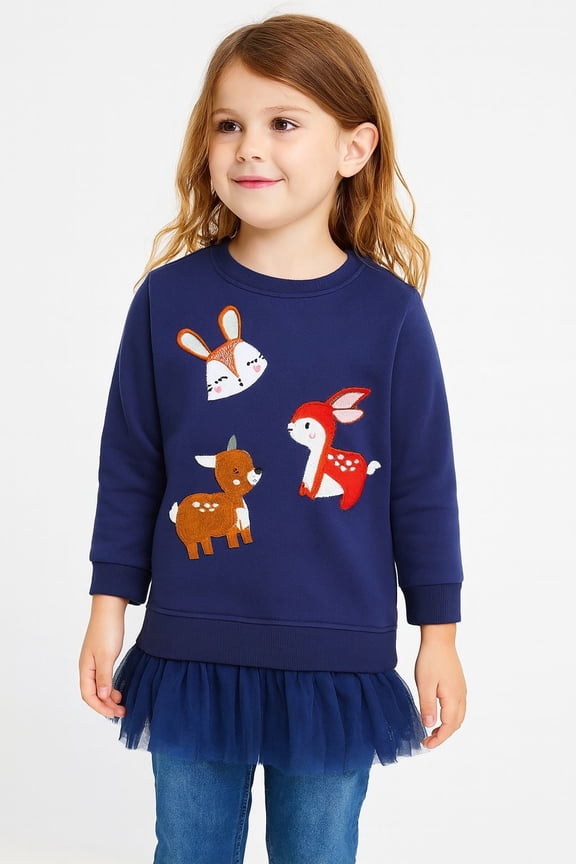 Toddler Girls(2-7Y) Navy Tulle Sweatshirt Long Sleeve Pullover Top for Fall Winter, Cotton Crewneck Shirt for Kids 3T