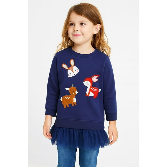 HILEELANG Toddler Girls(2-7Y) Navy Tulle Sweatshirt Long Sleeve Pullover Top for Fall Winter, Cotton Crewneck Shirt for Kids 4T