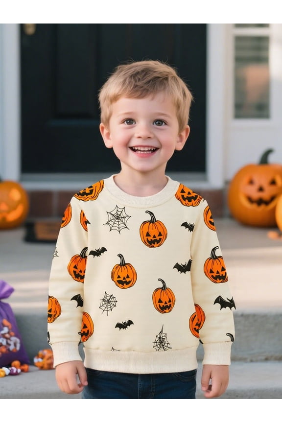 Toddler(18M-7T) Halloween Pullover – 100% Cotton Pumpkin and Bat Print Fall Sweatshirt for Boys Girls 3 years old