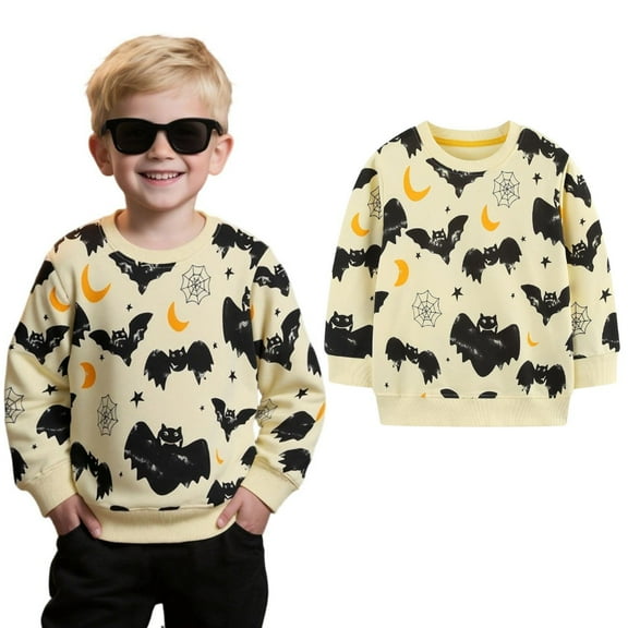 HILEELANG Toddler(18M-7T) Halloween Sweatshirt – 100% Cotton Pullover with Black bat and moon pattern, White and yellow Fall Crewneck for Boys Girls 3 years old