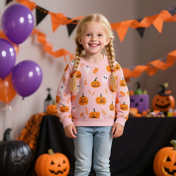 HILEELANG Toddler(18M-7T) Halloween Sweatshirt – 100% Cotton Pullover with Pumpkin Ghost and Leaf Print, Pinkish Brown Fall Crewneck for Boys Girls 6 years old