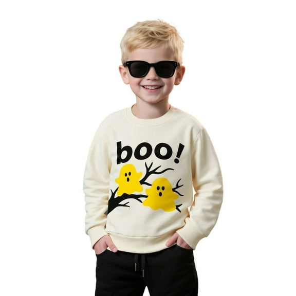 HILEELANG Toddler(18M-7T) Halloween Sweatshirt – 100% Cotton Pullover with Boo Ghost Print, White Crewneck for Boys Girls 2 years old