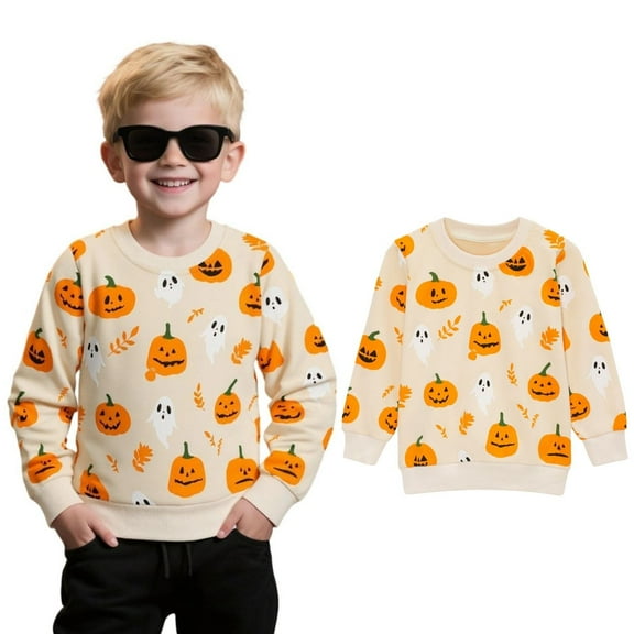 HILEELANG Toddler(18M-7T) Halloween Sweatshirt – 100% Cotton Pullover with Pumpkin Ghost and Leaf Print, Beige Fall Crewneck for Boys Girls 2 years old