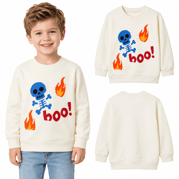 HILEELANG Kids 18M-7Y Halloween 100% Cotton Crewneck Sweatshirt, Skeleton Boo & Flame Graphic, Cream