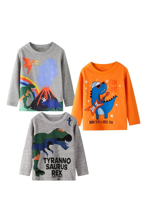 DINO TSHIRT: Toddler Kids Boy Long Sleeve Top Tee Shirt, Cotton Crewneck, Casual, 3-Pack Size 2