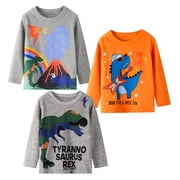 HILEELANG DINO TSHIRT: Long Sleeve, Crewneck, Cotton, Casual, 3-Pack, Size 5