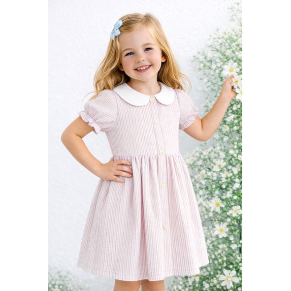 HILEELANG Toddler & Little Girls 100% Cotton Multi Striped Dress, Pink Green Lavender Peter Pan Collar Puff Sleeve, 2T-7T