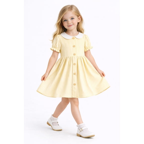 HILEELANG Toddler & Little Girls 100% Cotton Striped Dress, Light Yellow White Peter Pan Collar Puff Sleeve Dress, 2T-7T