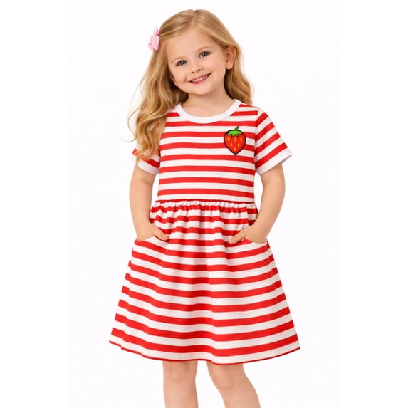 HILEELANG Toddler & Little Girls Striped Cotton Play Dress, Red White with Strawberry Patch and Pockets, Short Sleeve, 2T-8T