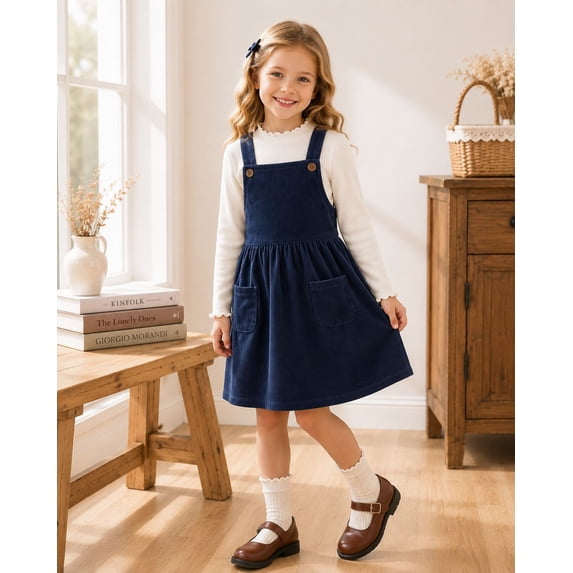 HILEELANG Girls 2-Piece Corduroy Jumper Dress Set with Long Sleeve Top, Navy