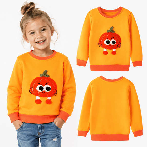 HILEELANG Kids 12M-7Y Halloween 103% Cotton Crewneck Sweatshirt, Pumpkin Graphic, Orange