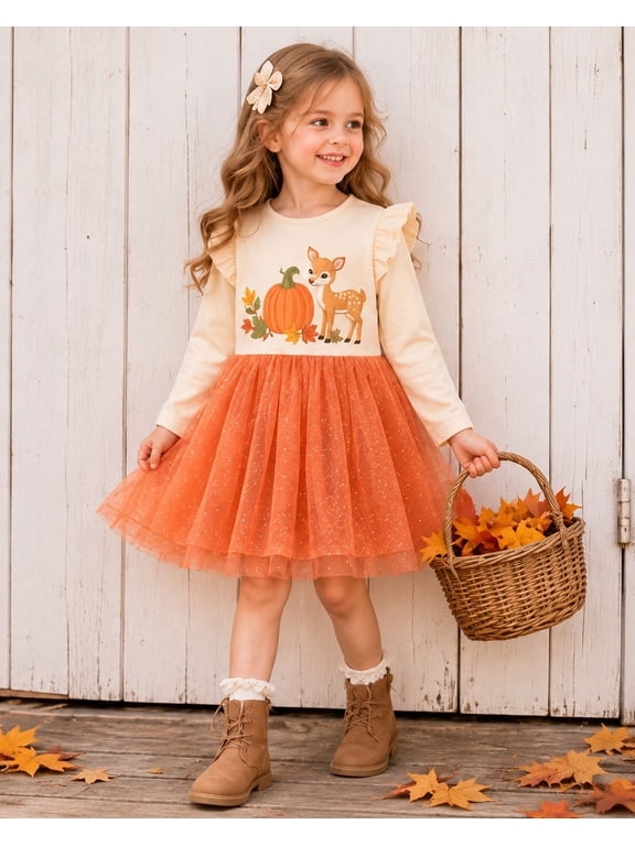 Toddler Girls Pumpkin Deer Layered Dress, Long Sleeve 4Y