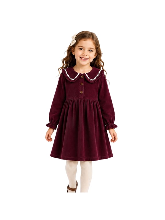 Toddler Girls 100% Cotton Long Sleeve Dress, Ruffle Peter Pan Collar Button Front Casual Dress, Burgundy Red, 4Y