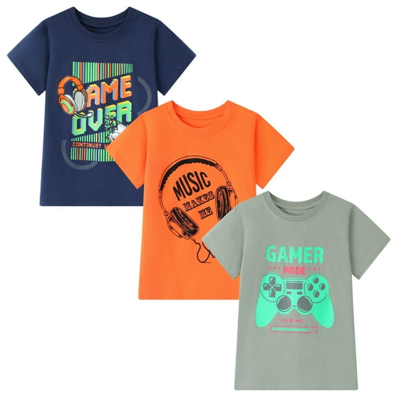 HILEELANG Tween Boy Short Sleeve Tees Summer Orange Navy Grey Games T-Shirts Cotton Tops Shirts 3 Packs Size 10