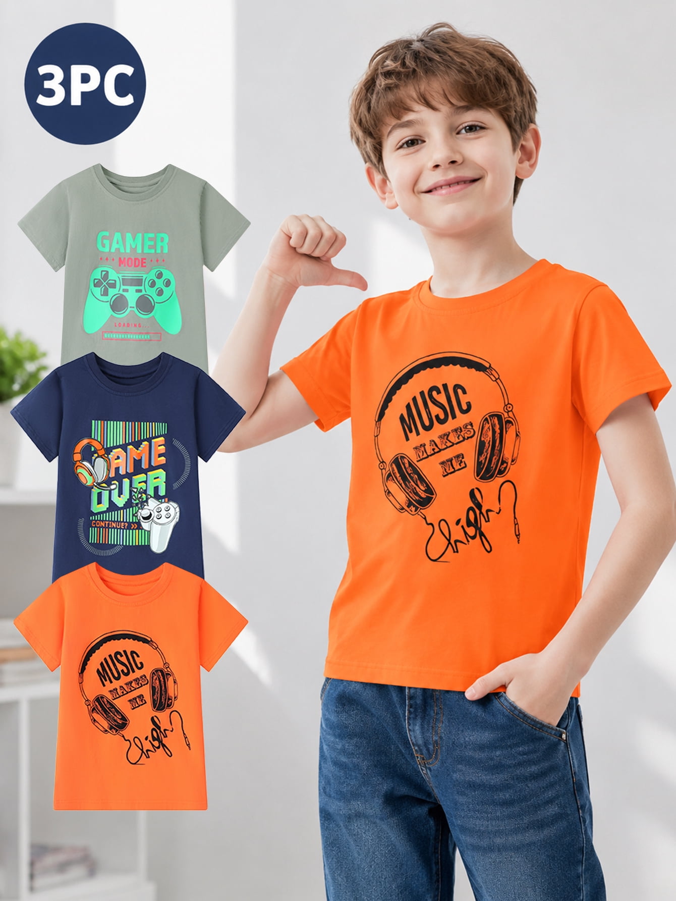 Kids Boys T-Shirts 3 Pack, 100% Cotton Short Sleeve Tees for 6-12Y, Gamer & Music Themed Summer Tops for Teen Boys Version 2 (Keyword-Focused)