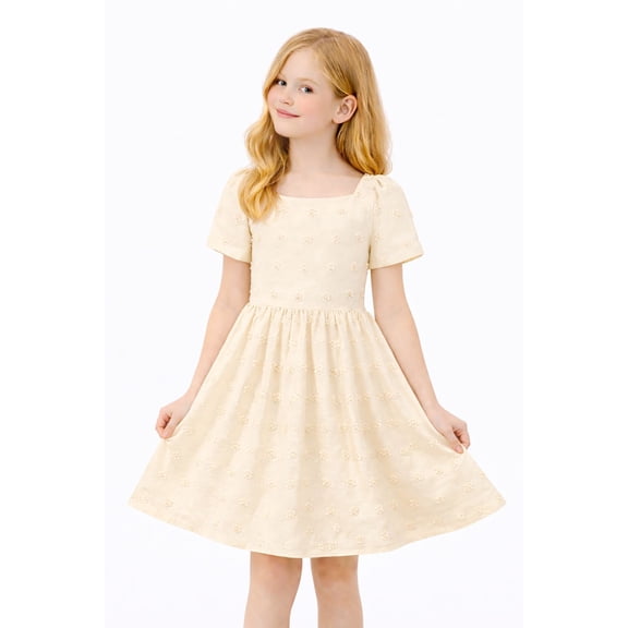 HILEELANG Big Girl Dress Short Sleeve Summer Cream Casual Tie Back Princess Elegant Party Dress 11-12T